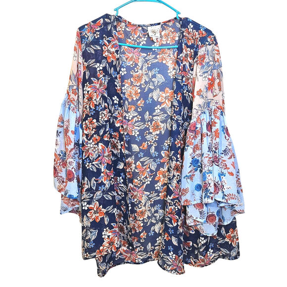 Self Esteem Size Medium M Boho Blue Orange Blouse Trumpet Sleeve Sheer Boho - Picture 1 of 10